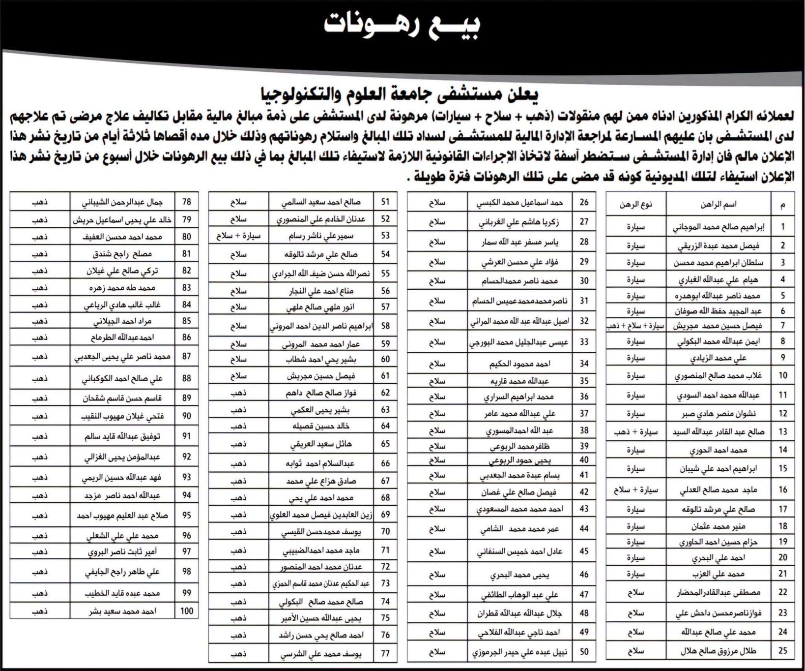 سيارات وذهب وأسلحة... أكبر مستشفى أهلي في صنعاء يعلن بيع رهونات مضى عليها فترة طويلة