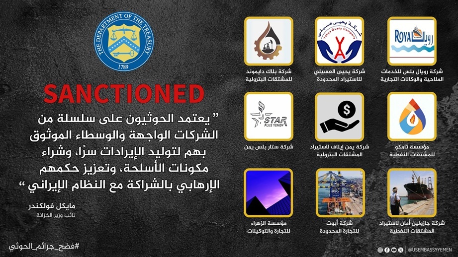 واشنطن تكشف عن 9 شركات يعتمد عليها الحوثيون لتوليد إيرادات غير مشروعة